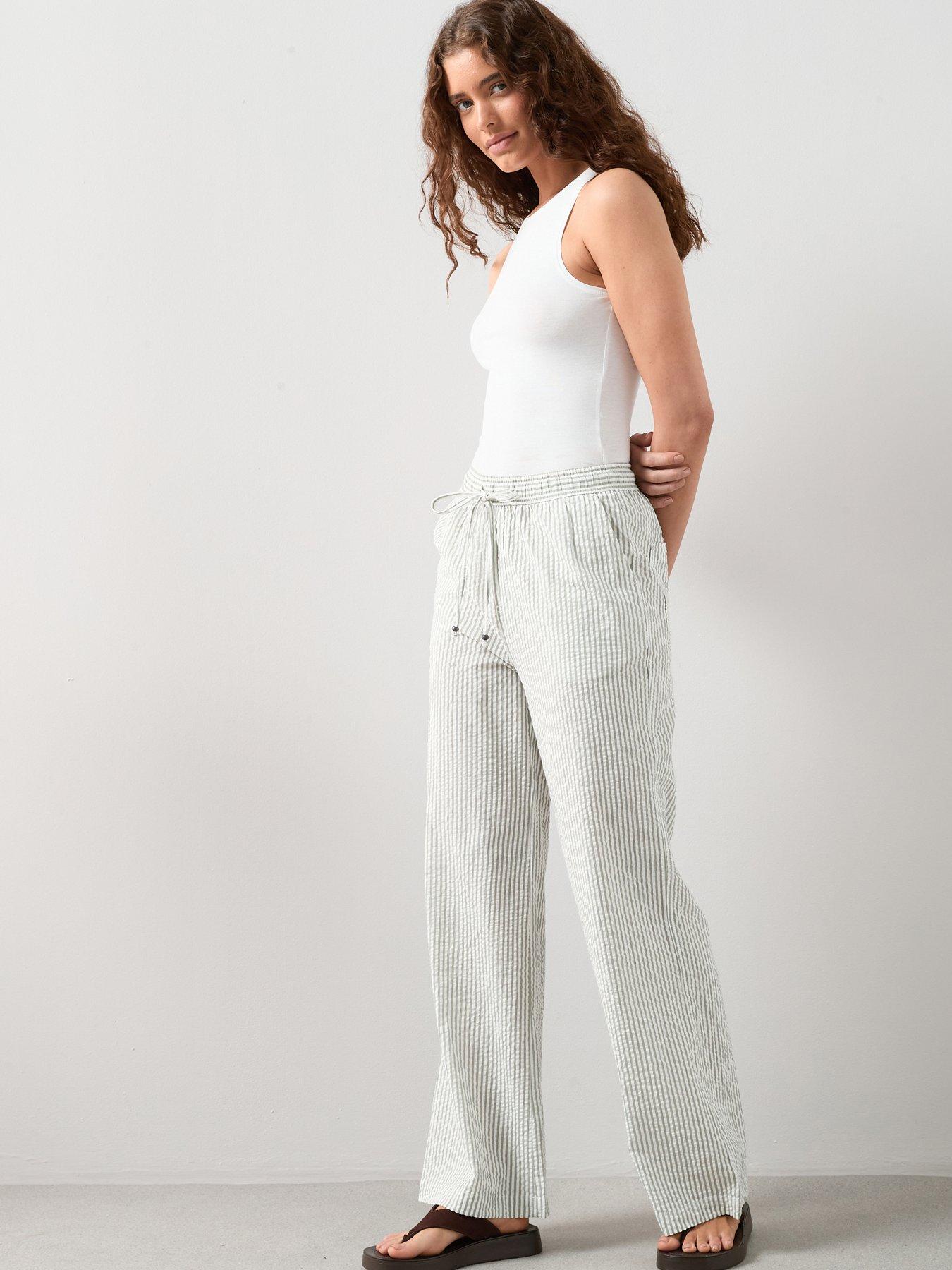 Image 1 of 7 of The Very Collection Textured Wide Leg Trouser - Green Stripe