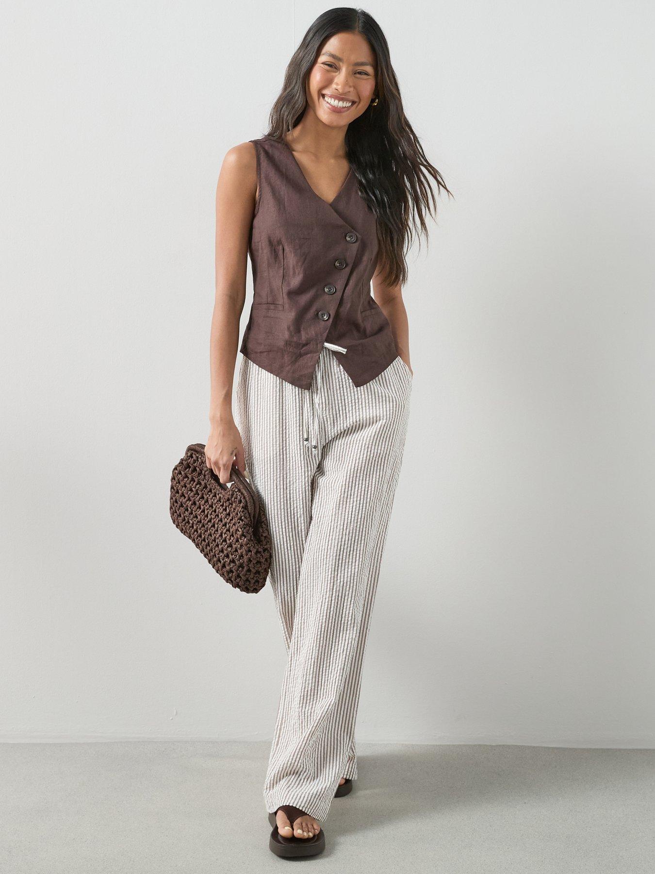 The Very Collection Linen Mix Wide Leg Trousers - Brown Stripe