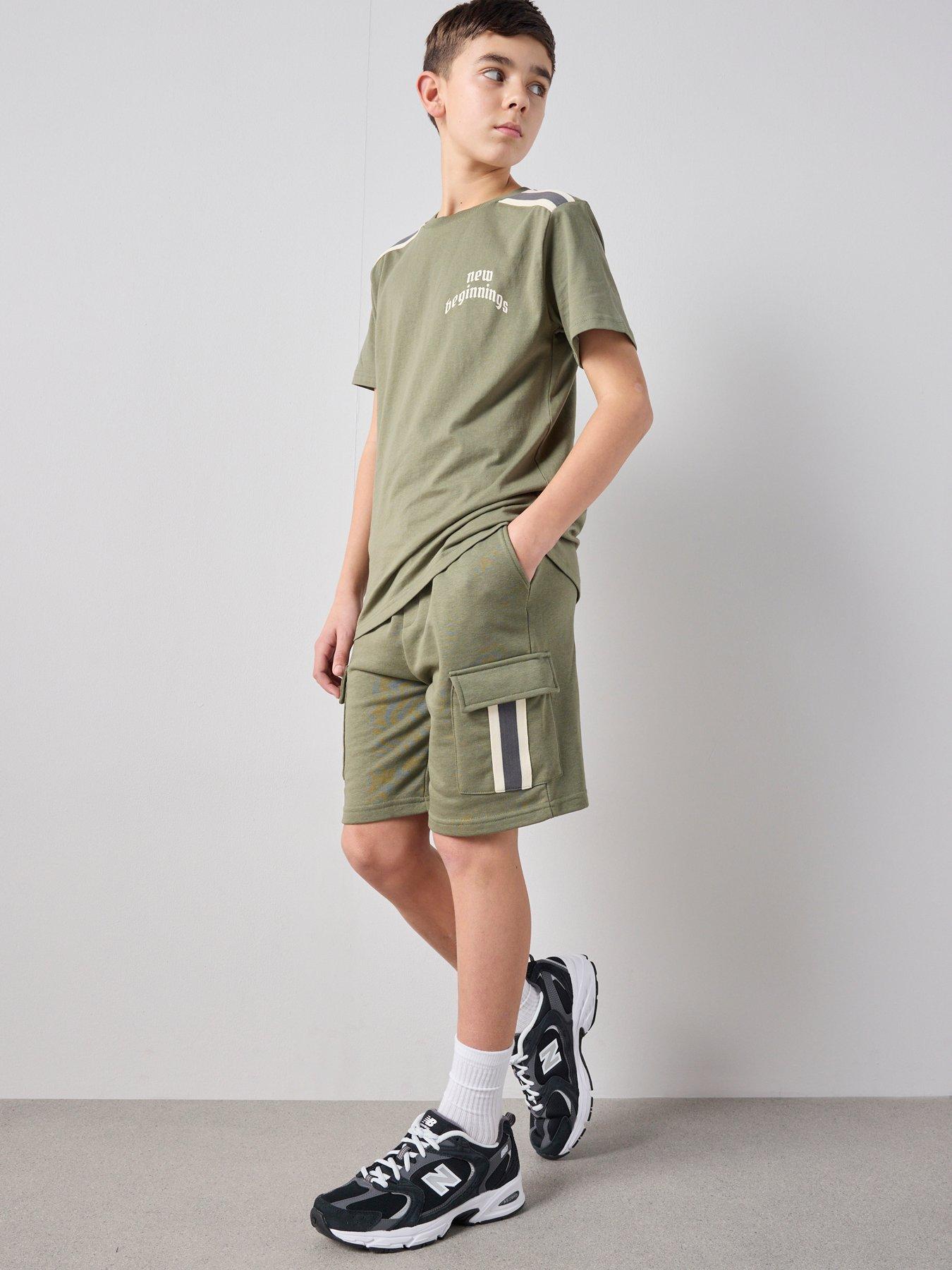 The Very Collection Boys Piping Detail T-shirt And Cargo Sweat Shorts Set - Khaki