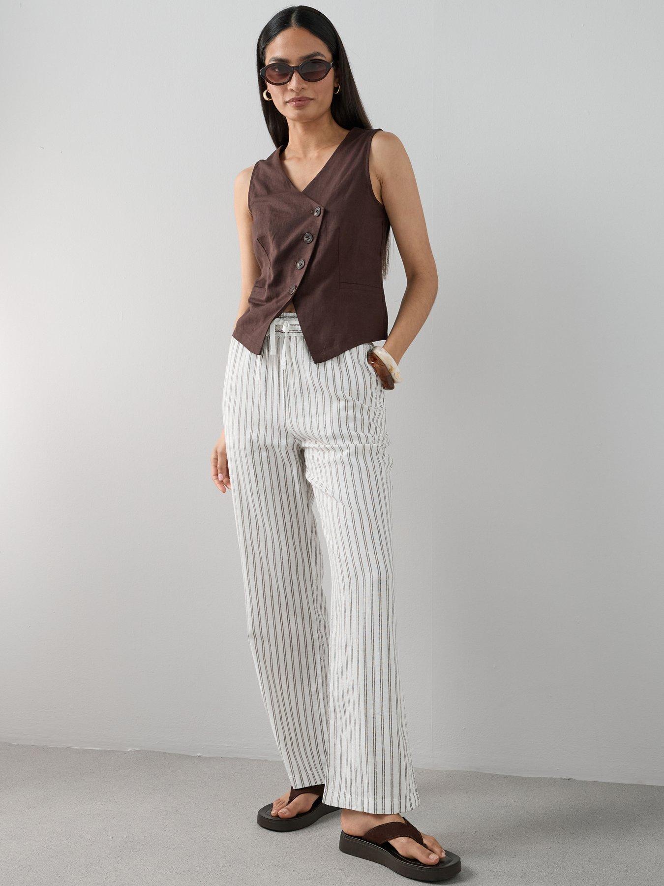 Image 1 of 7 of The Very Collection Linen Blend Straight Leg Trousers - Stripe
