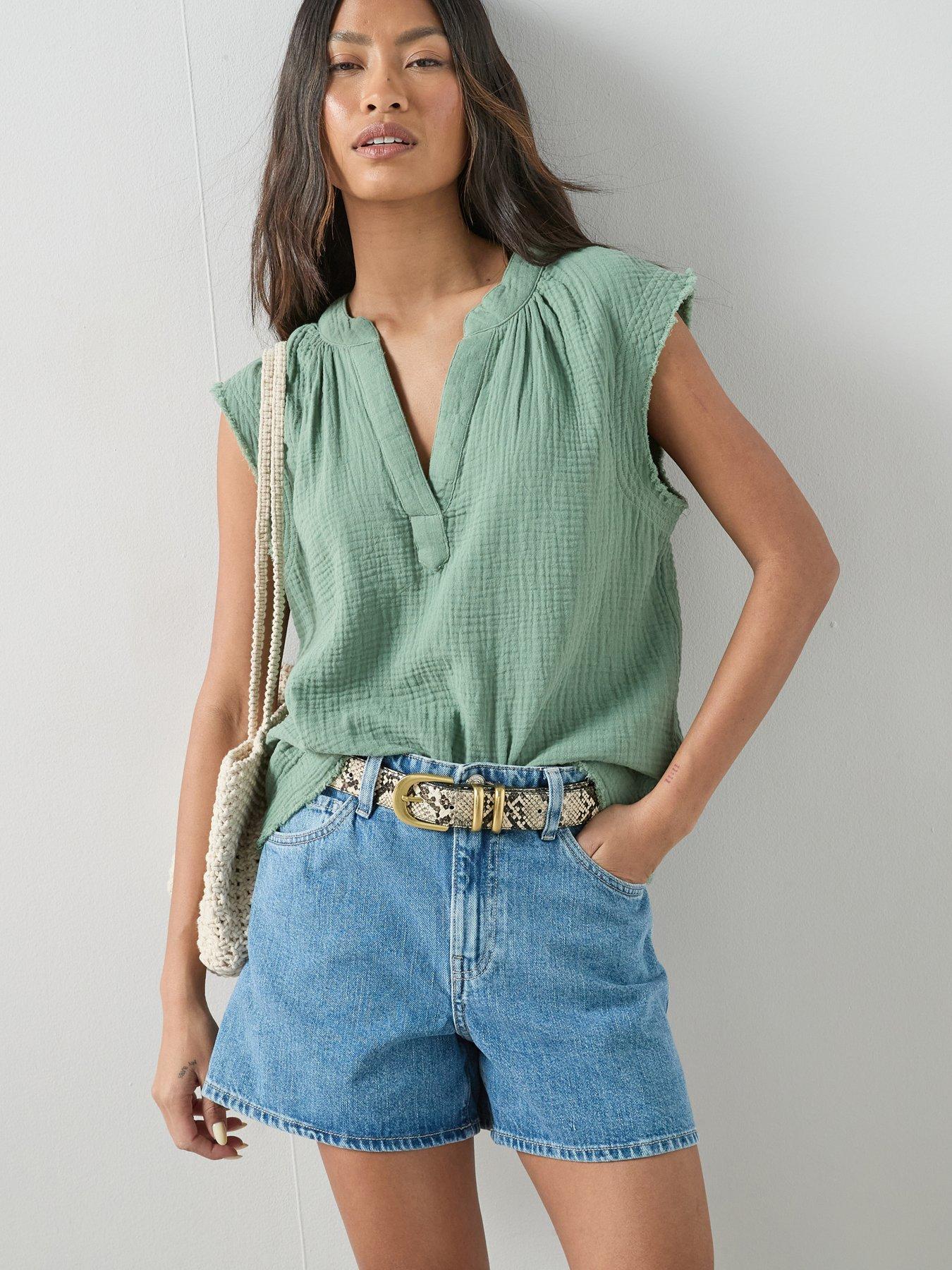The Very Collection Notch Neck Crinkle Top Co-Ord - Khaki