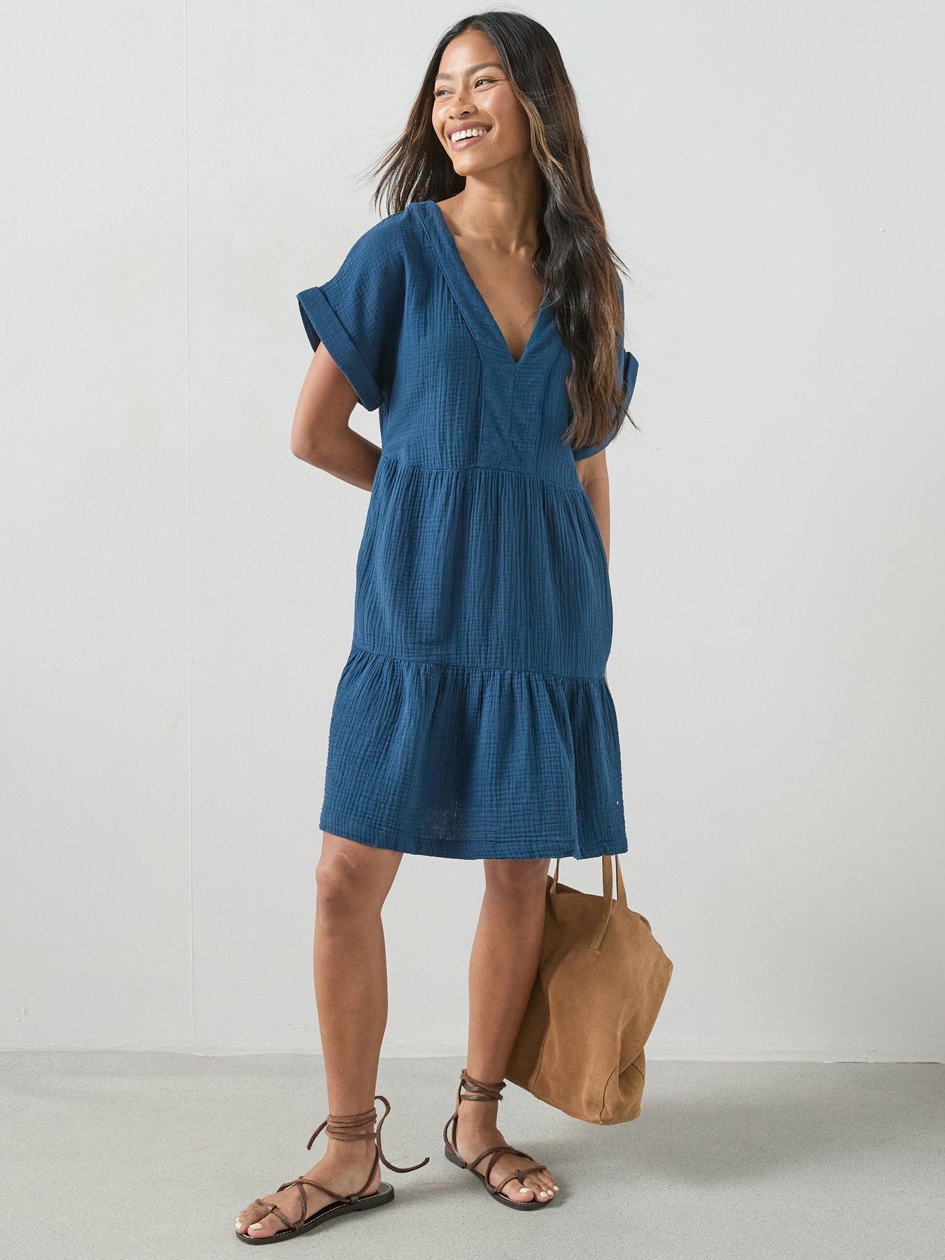 The Very Collection Crinkle Tiered Indigo Mini Dress - Blue