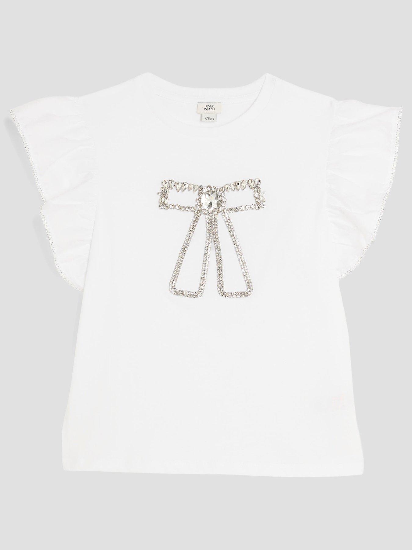 River Island Older Girls Frill Bow T-Shirt - White