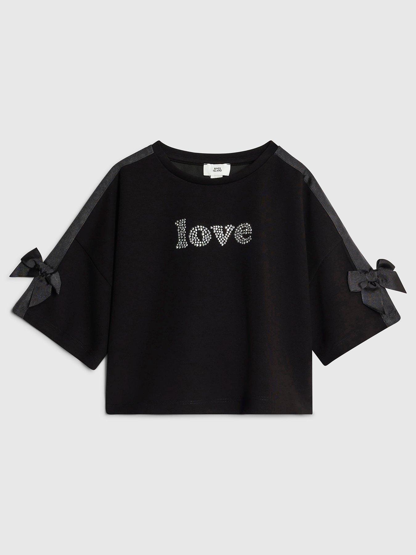 River Island Older Girls Premium Diamante Crop Bow T-Shirt - Black
