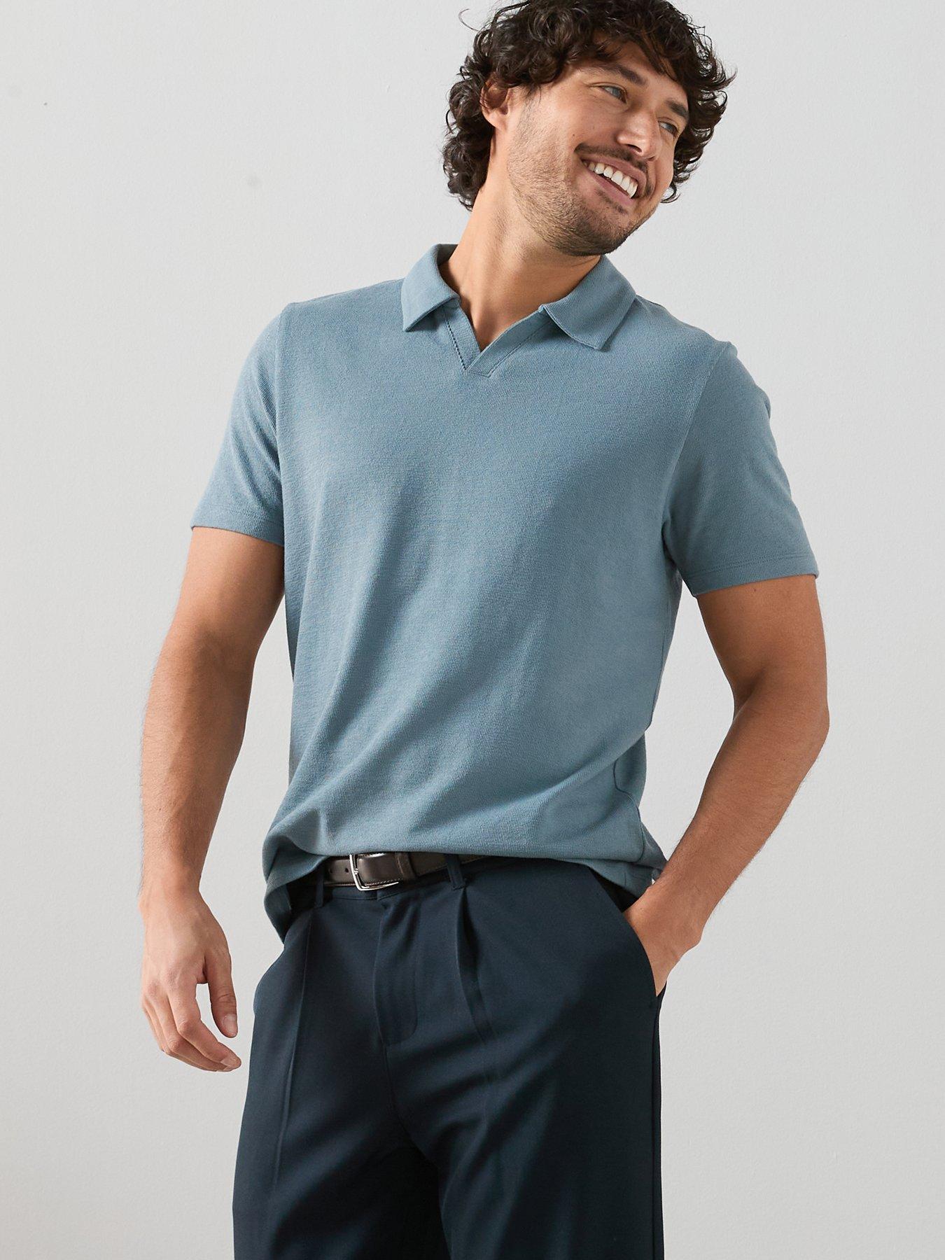 Image 1 of 7 of The Very Collection Cotton Blend Textured Trophy Neck Polo - Light Blue