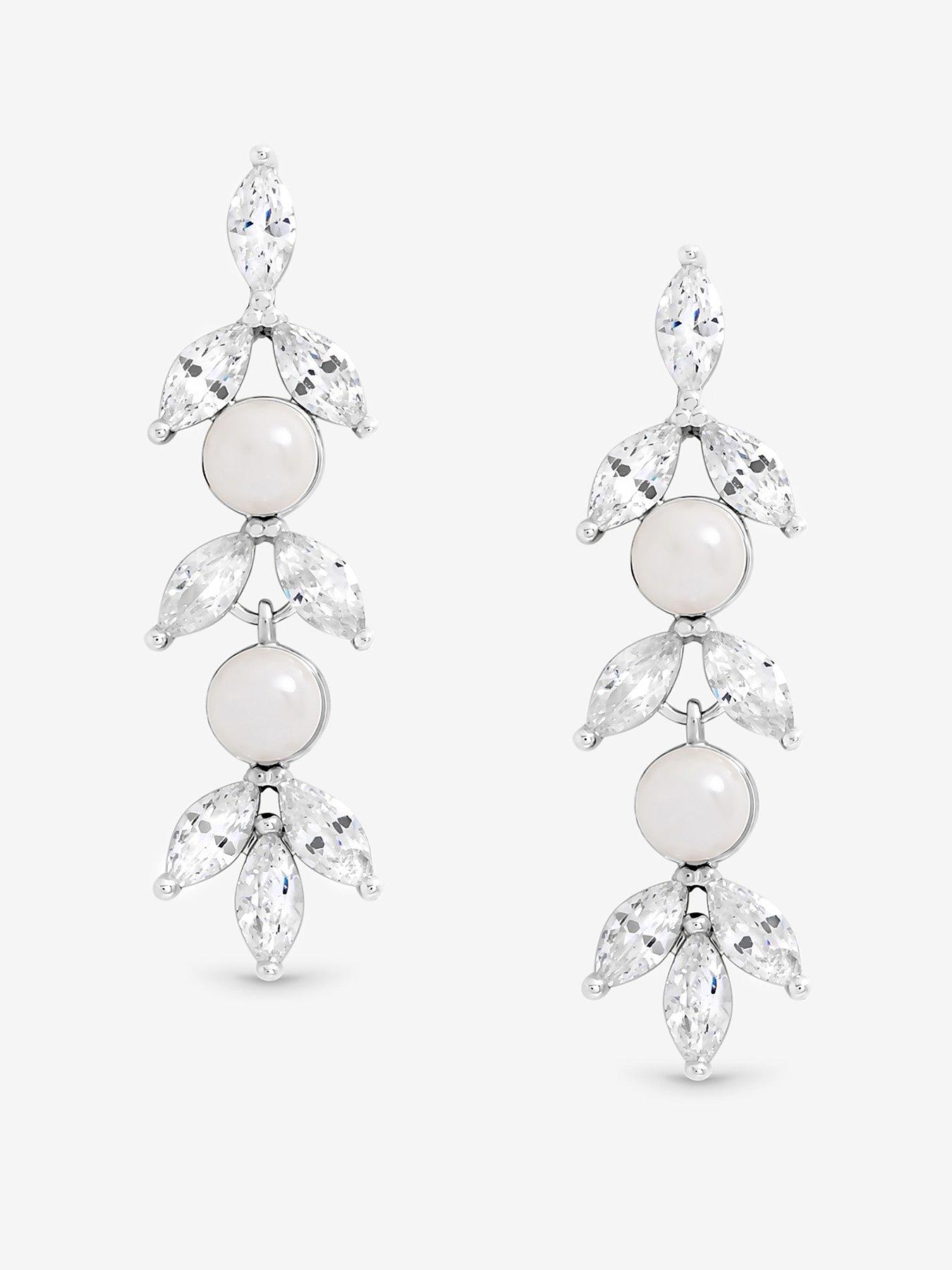 Image 1 of 4 of Jon Richard Jon Richard Rhodium Plated Pearl and Crystal Leaf Drop Earrings