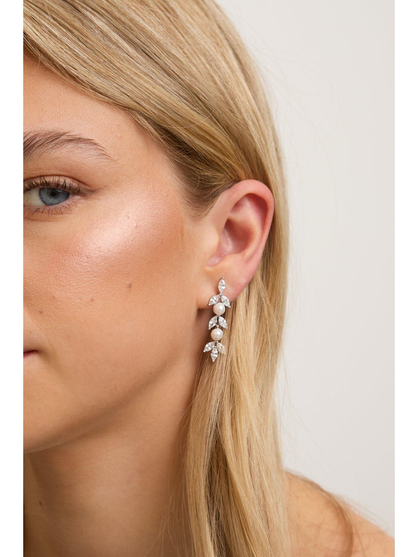 Image 2 of 4 of Jon Richard Jon Richard Rhodium Plated Pearl and Crystal Leaf Drop Earrings