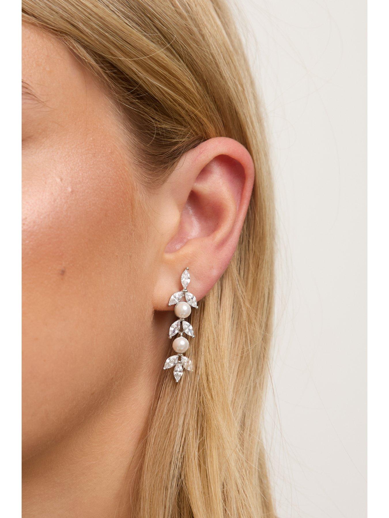 Image 3 of 4 of Jon Richard Jon Richard Rhodium Plated Pearl and Crystal Leaf Drop Earrings