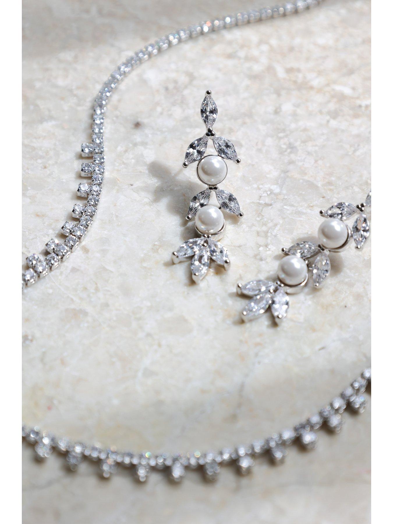 Image 4 of 4 of Jon Richard Jon Richard Rhodium Plated Pearl and Crystal Leaf Drop Earrings