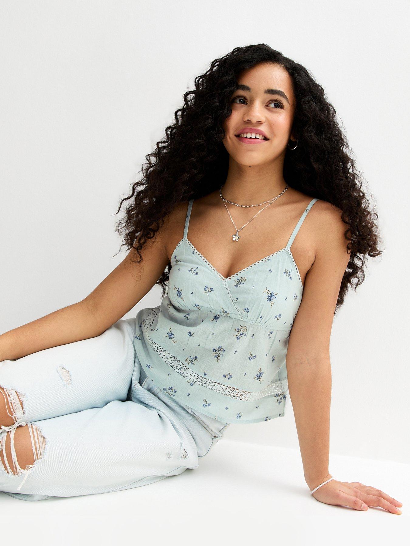New Look 915 Girls Blue Cotton Floral Babydoll Cami Top