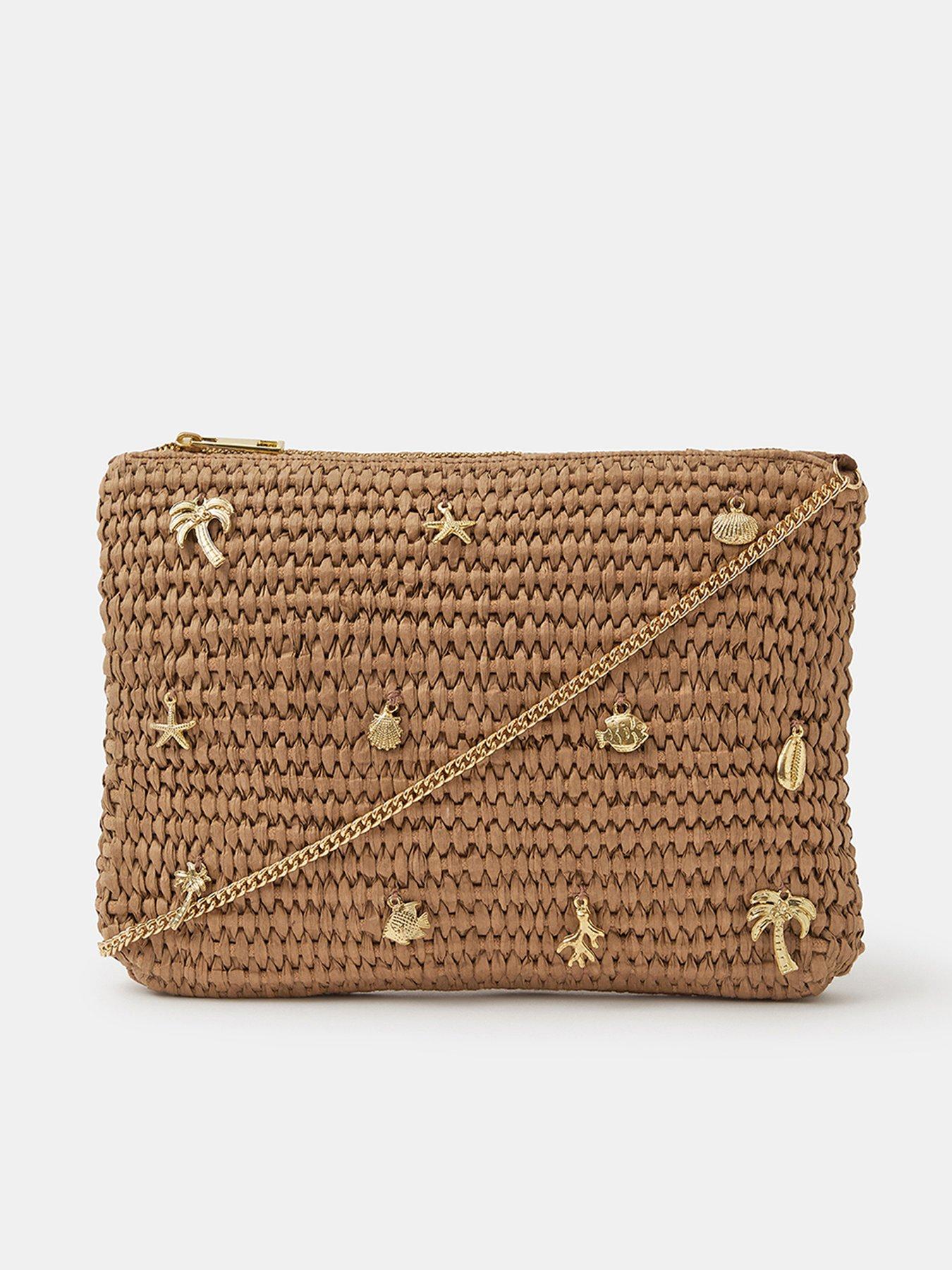 Image 1 of 4 of Accessorize Raffia Charm Clutch Bag - Brown