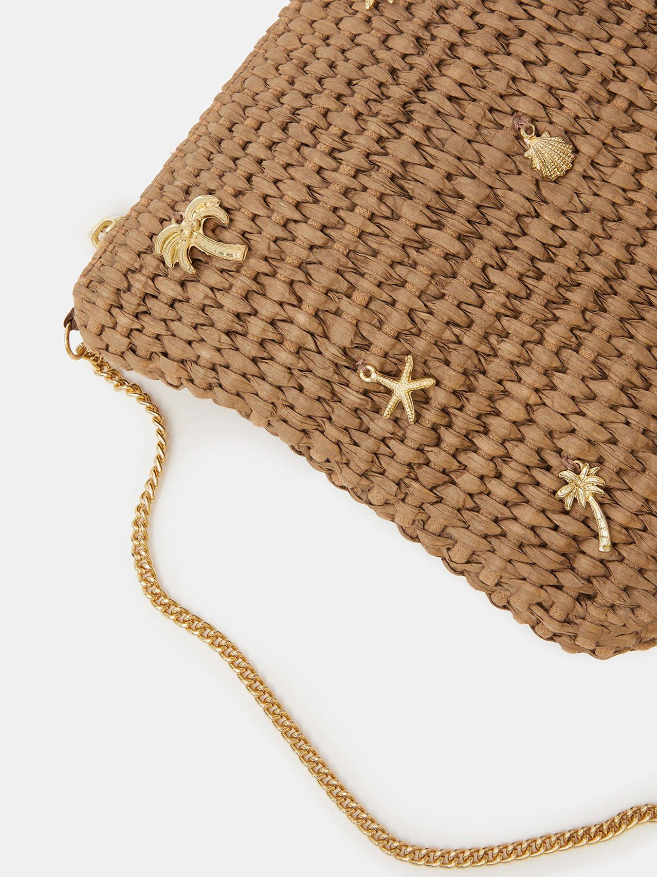Image 3 of 4 of Accessorize Raffia Charm Clutch Bag - Brown