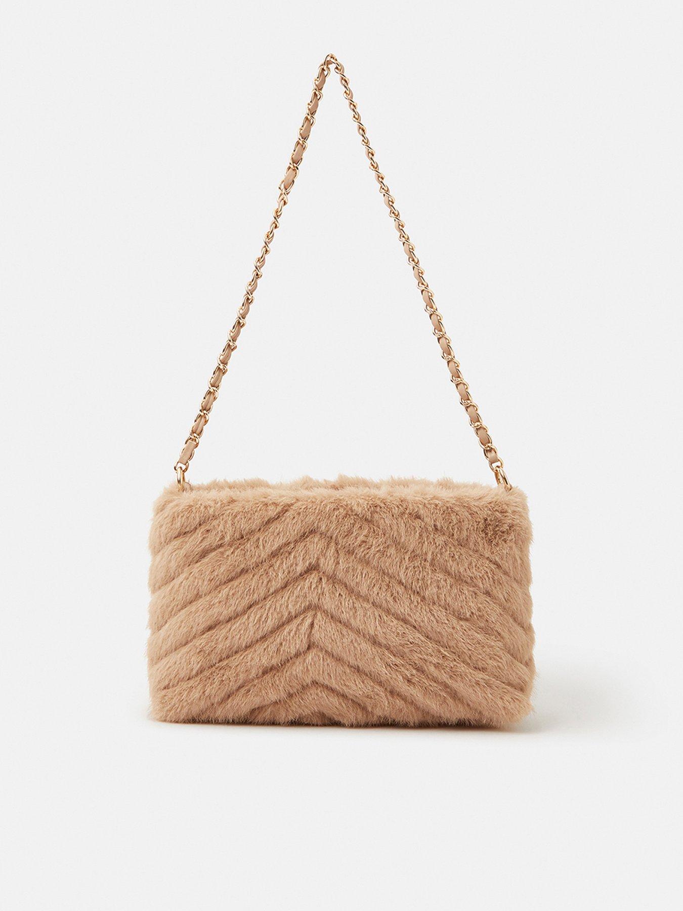 Accessorize Faux Fur Chain Shoulder Bag - Natural