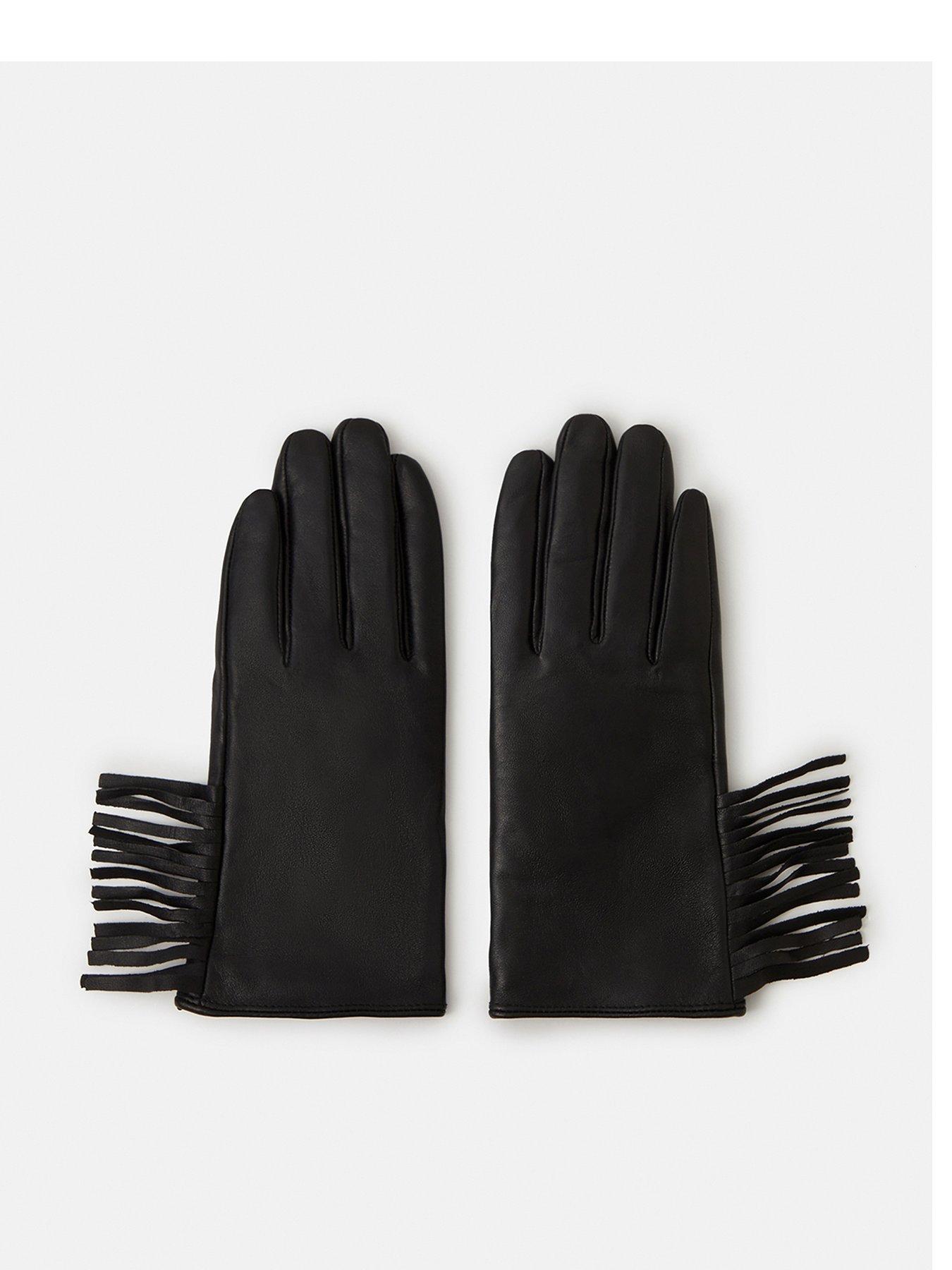 Image 1 of 2 of Accessorize Fringe Leather Gloves - Black
