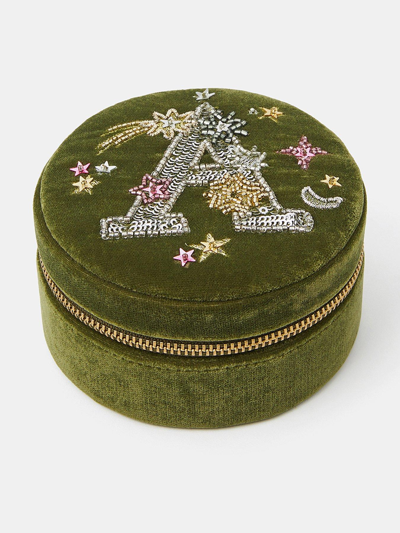 Image 1 of 5 of Accessorize Initial Velvet Jewellery Box - Green
