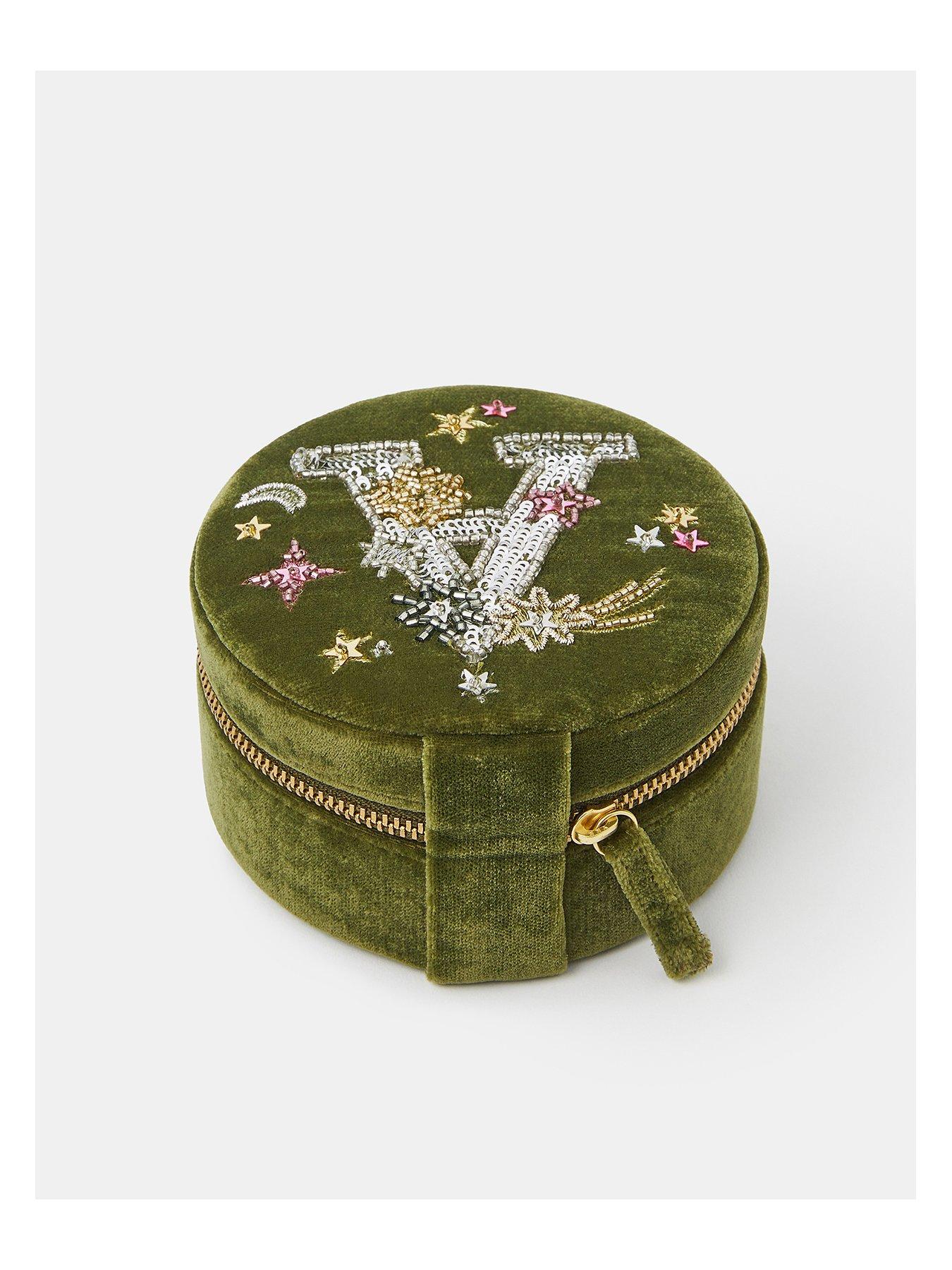 Image 2 of 5 of Accessorize Initial Velvet Jewellery Box - Green