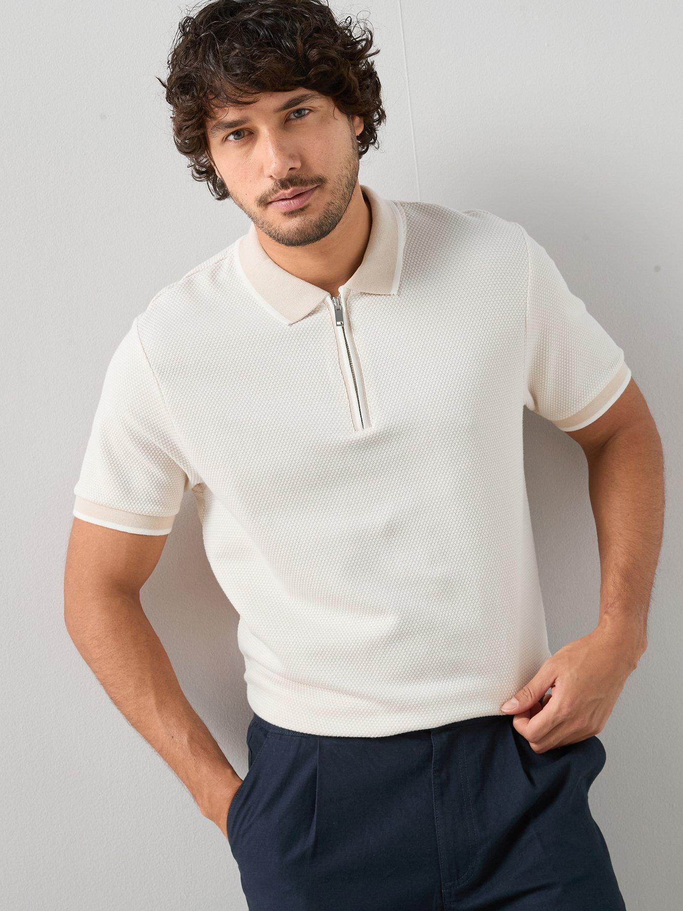 The Very Collection Pure Cotton Popcorn Zip Neck Polo- Ecru