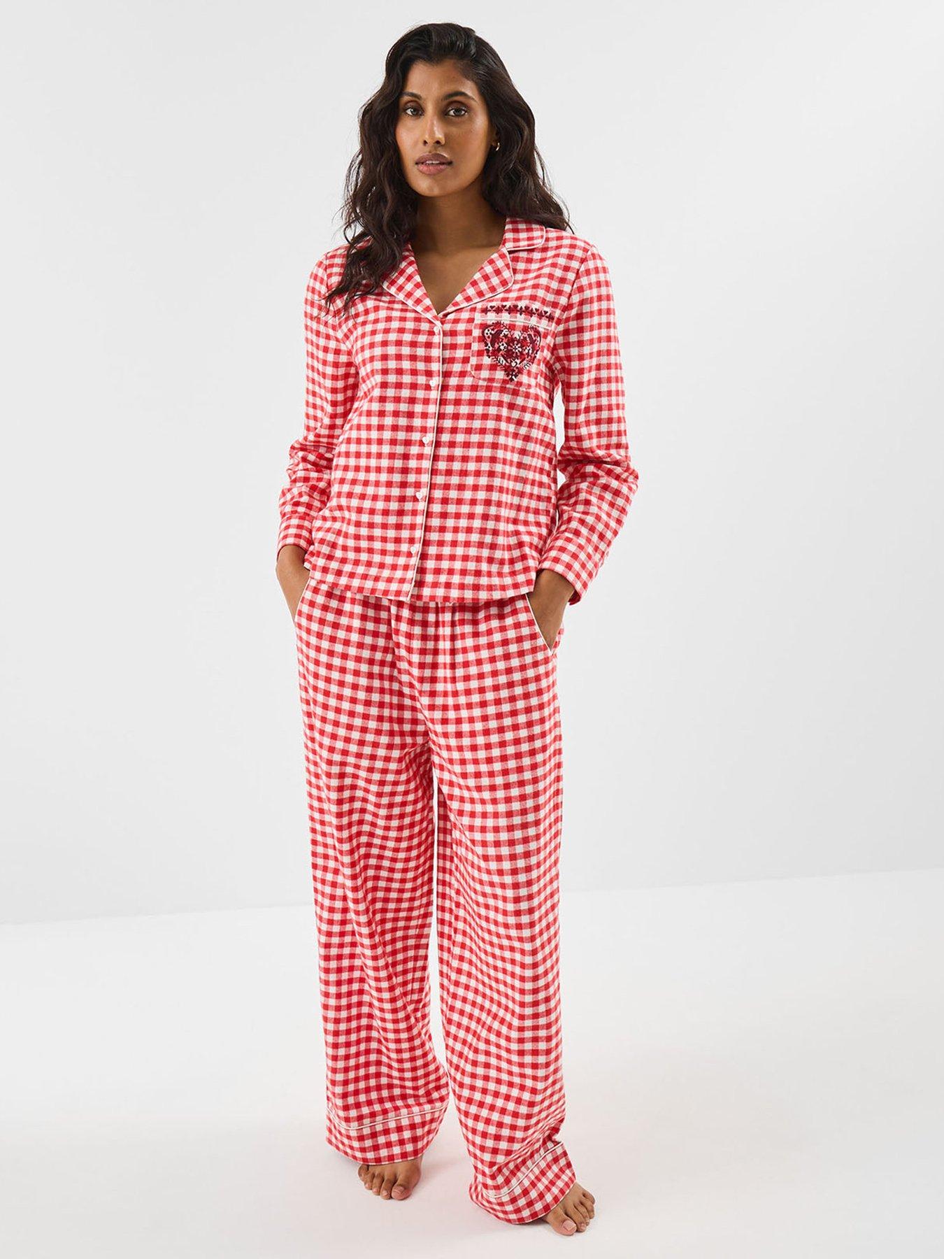 Image 1 of 5 of Accessorize Gingham Flannel Embroidery Pyjama Set - Red