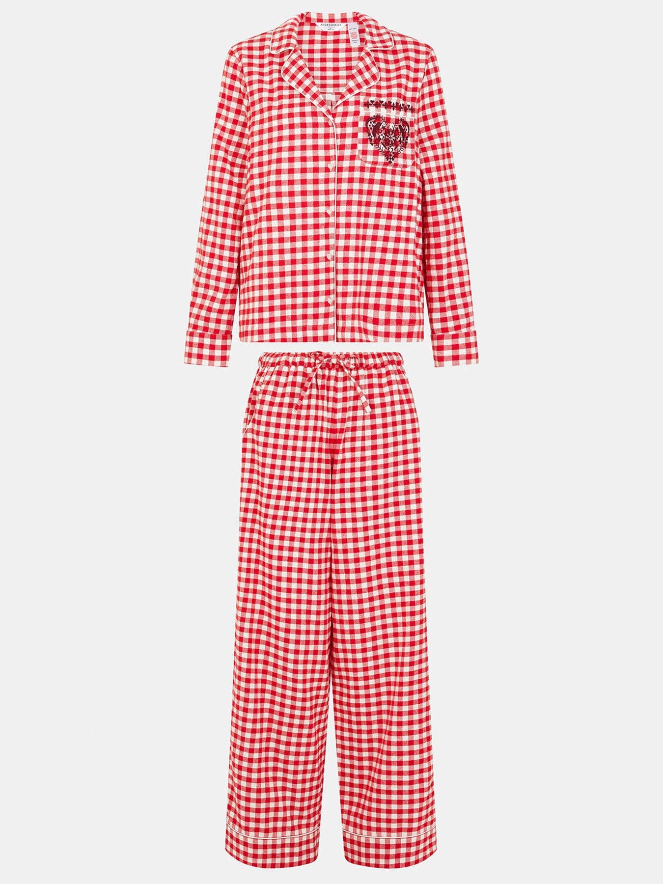 Image 3 of 5 of Accessorize Gingham Flannel Embroidery Pyjama Set - Red