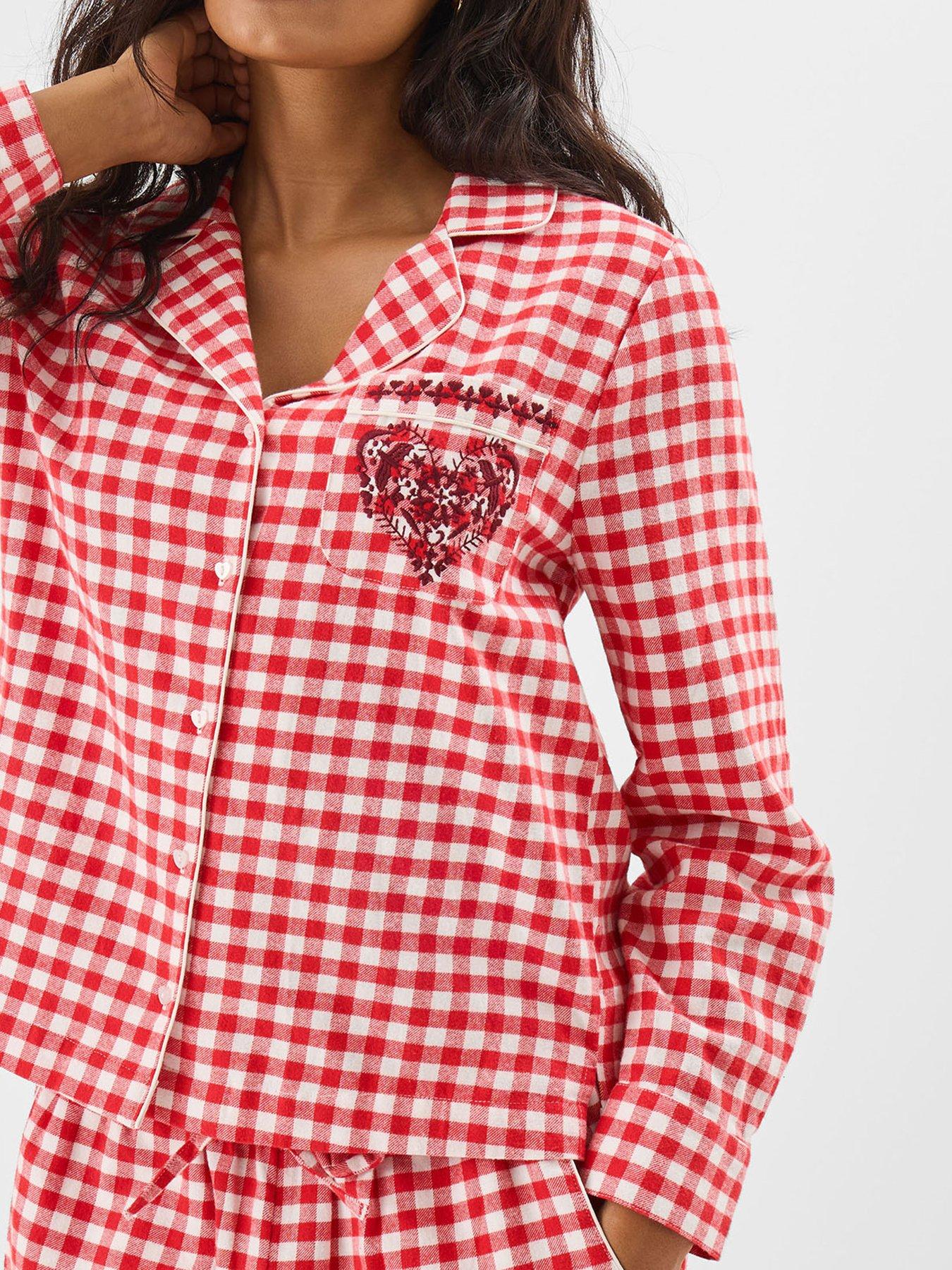 Image 4 of 5 of Accessorize Gingham Flannel Embroidery Pyjama Set - Red
