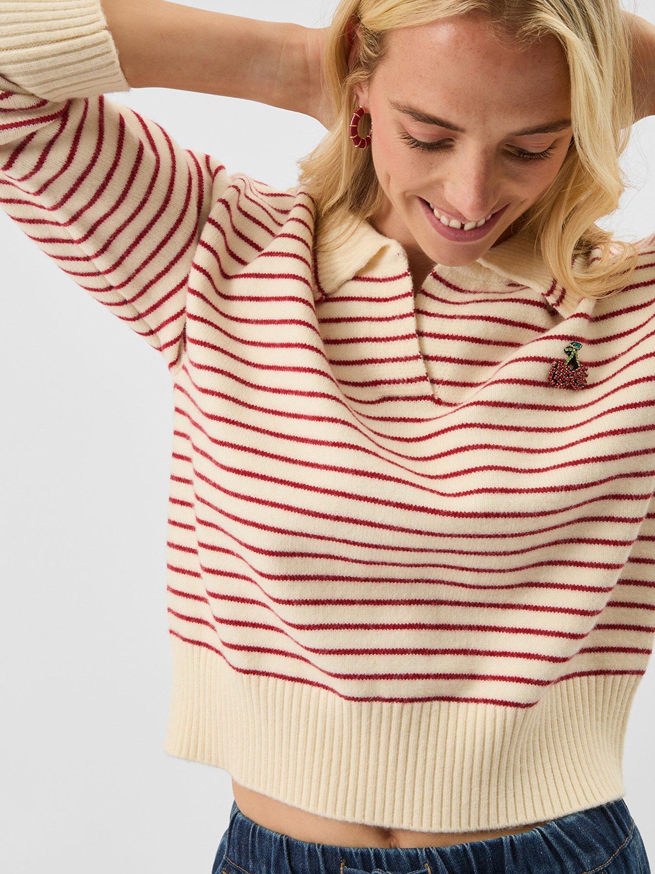 Accessorize Cherry Stripe Polo Neck Jumper - Cream
