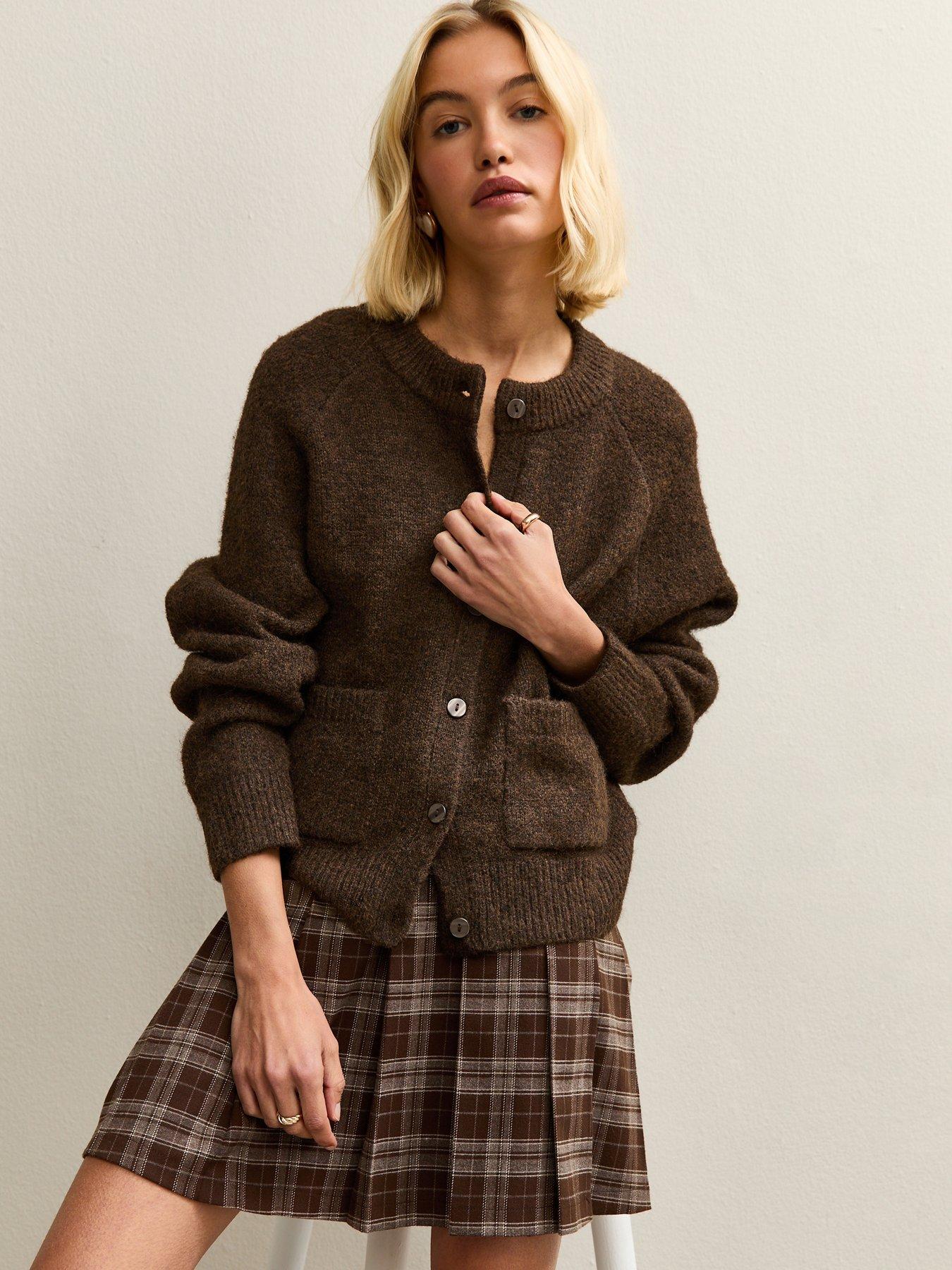 new-look-double-pocket-textured-knit-cardigan-dark-brownfront