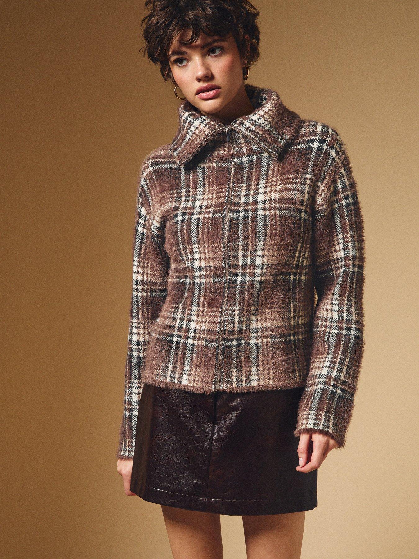 new-look-brown-fluffy-check-zip-cardigan