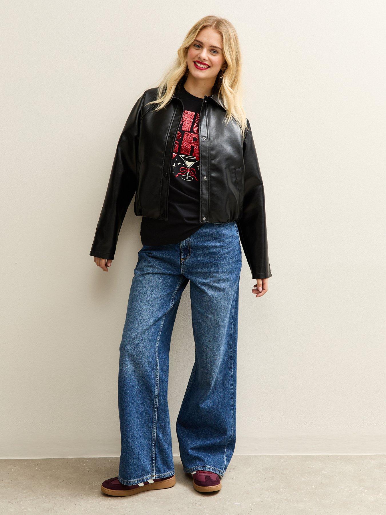 Image 3 of 4 of New Look Sequinned Merry Logo T-Shirt - Black