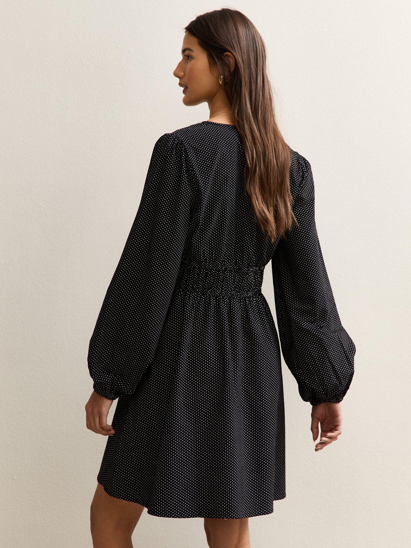 Image 2 of 5 of New Look Polka Dot Front Tie Mini Dress - Black