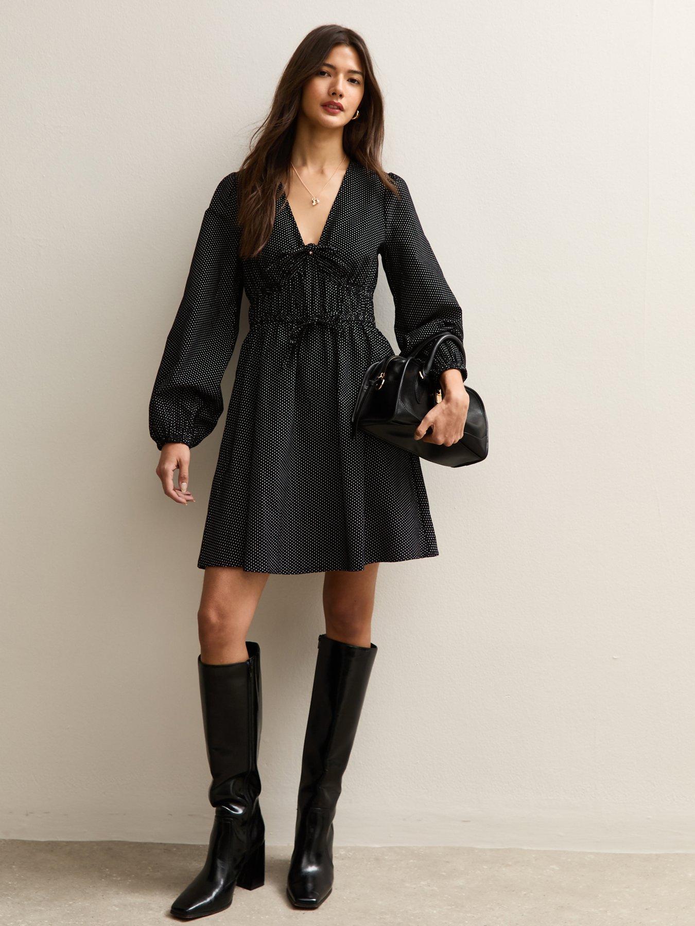 Image 3 of 5 of New Look Polka Dot Front Tie Mini Dress - Black