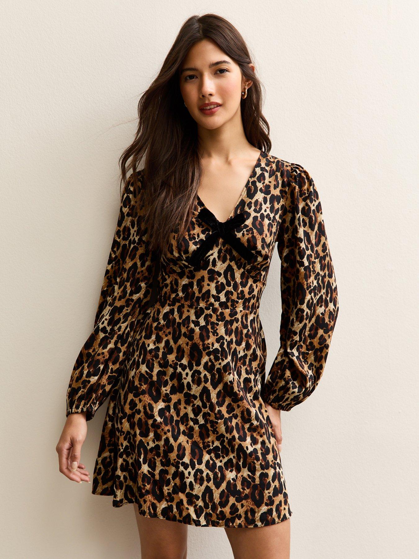 New Look Animal Print Velvet Bow Mini Dress - Brown