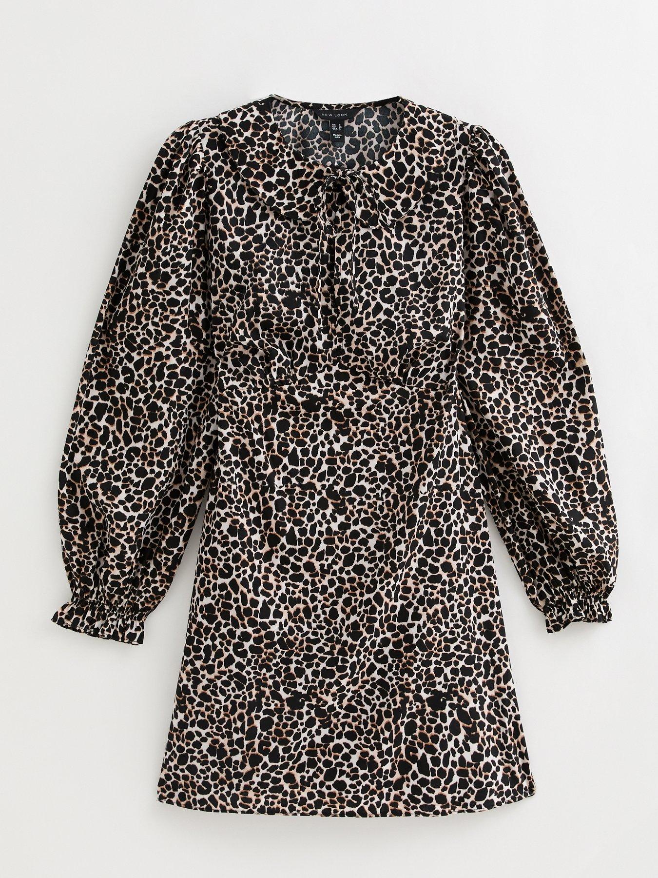 Image 5 of 6 of New Look Leopard Print Collared Long Sleeve Mini Dress - Brown