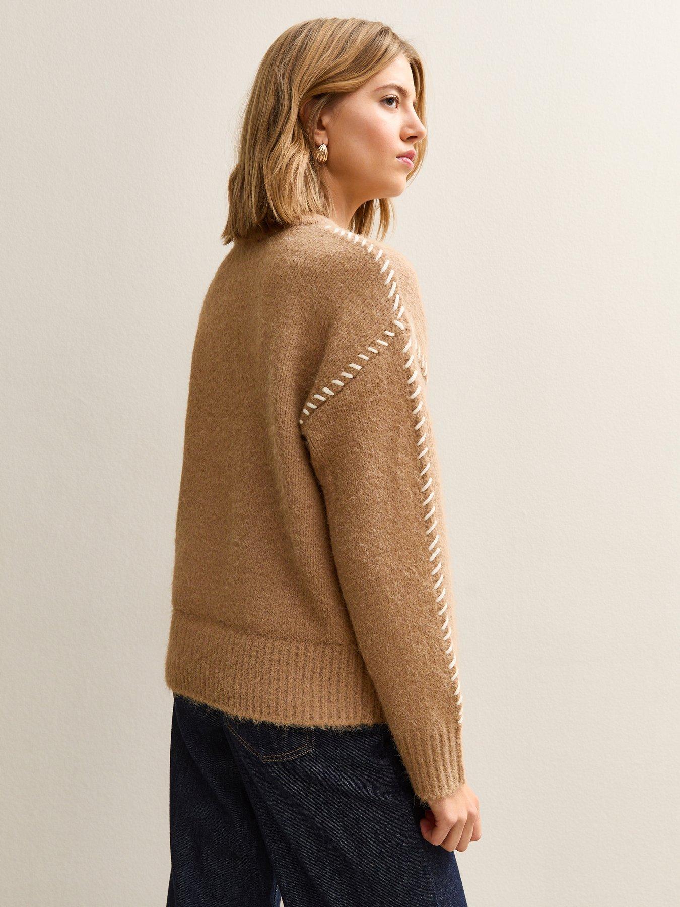 Image 2 of 5 of New Look Brown Contrast Stitch Brushed Jumper