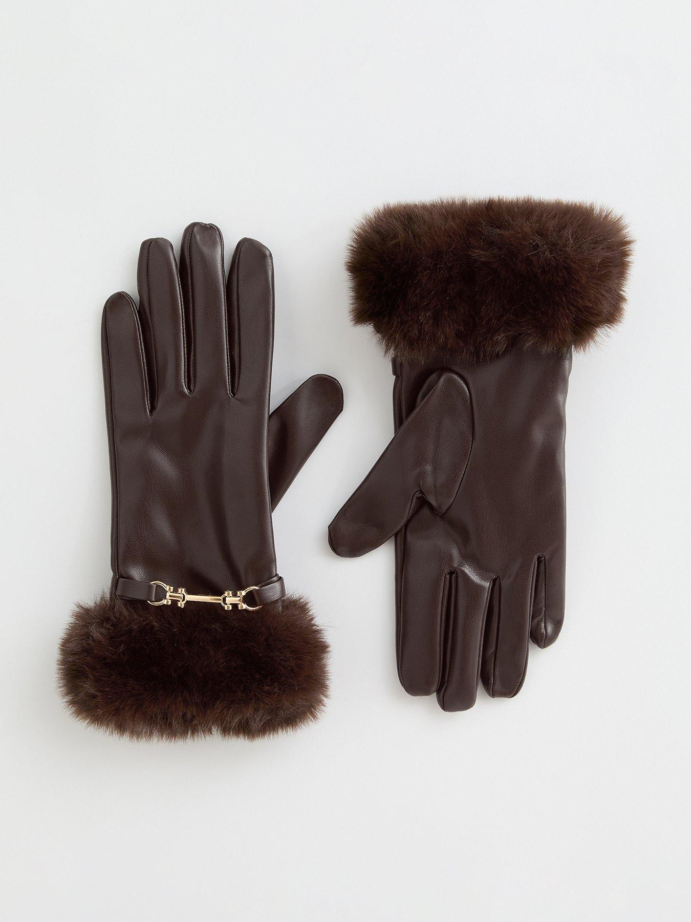 New Look Faux Fur Faux Leather Gloves With Chain - Brown