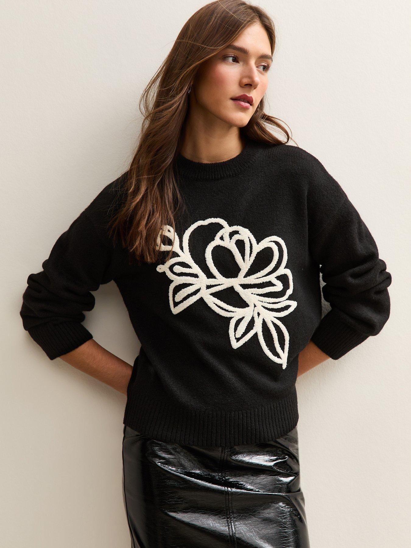 New Look Contrast Floral Embroidered Jumper - Black