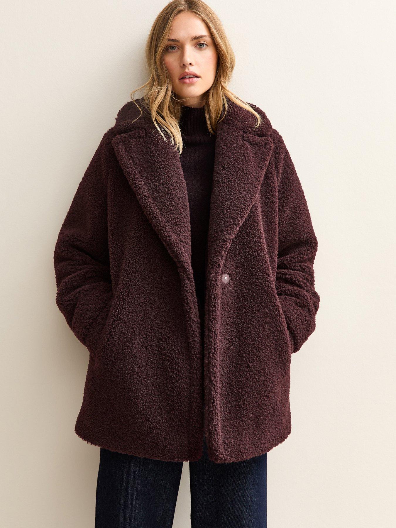 New Look Dark Burgundy Collared Long Sleeve Borg Coat