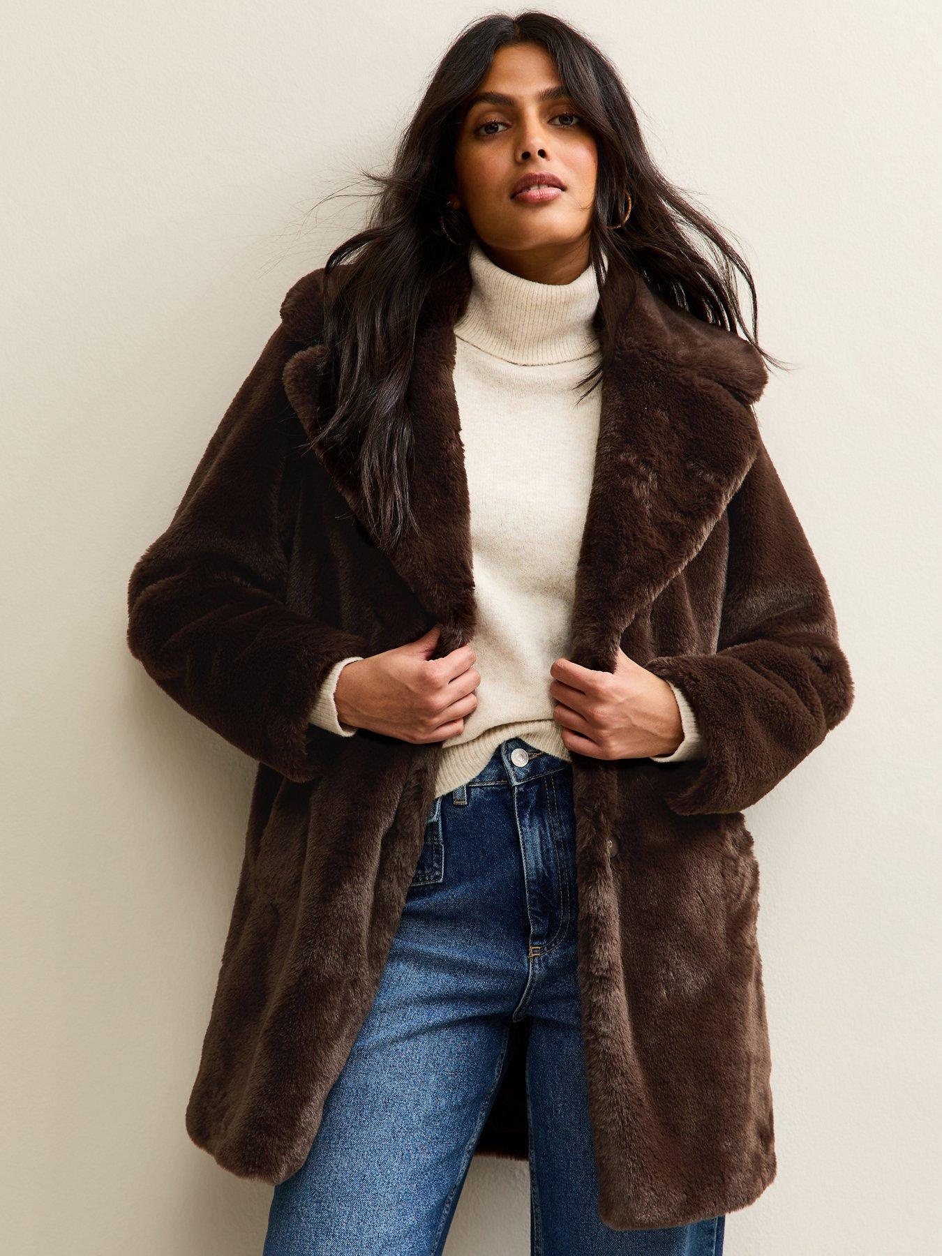 New Look Faux Fur Midi Coat - Brown
