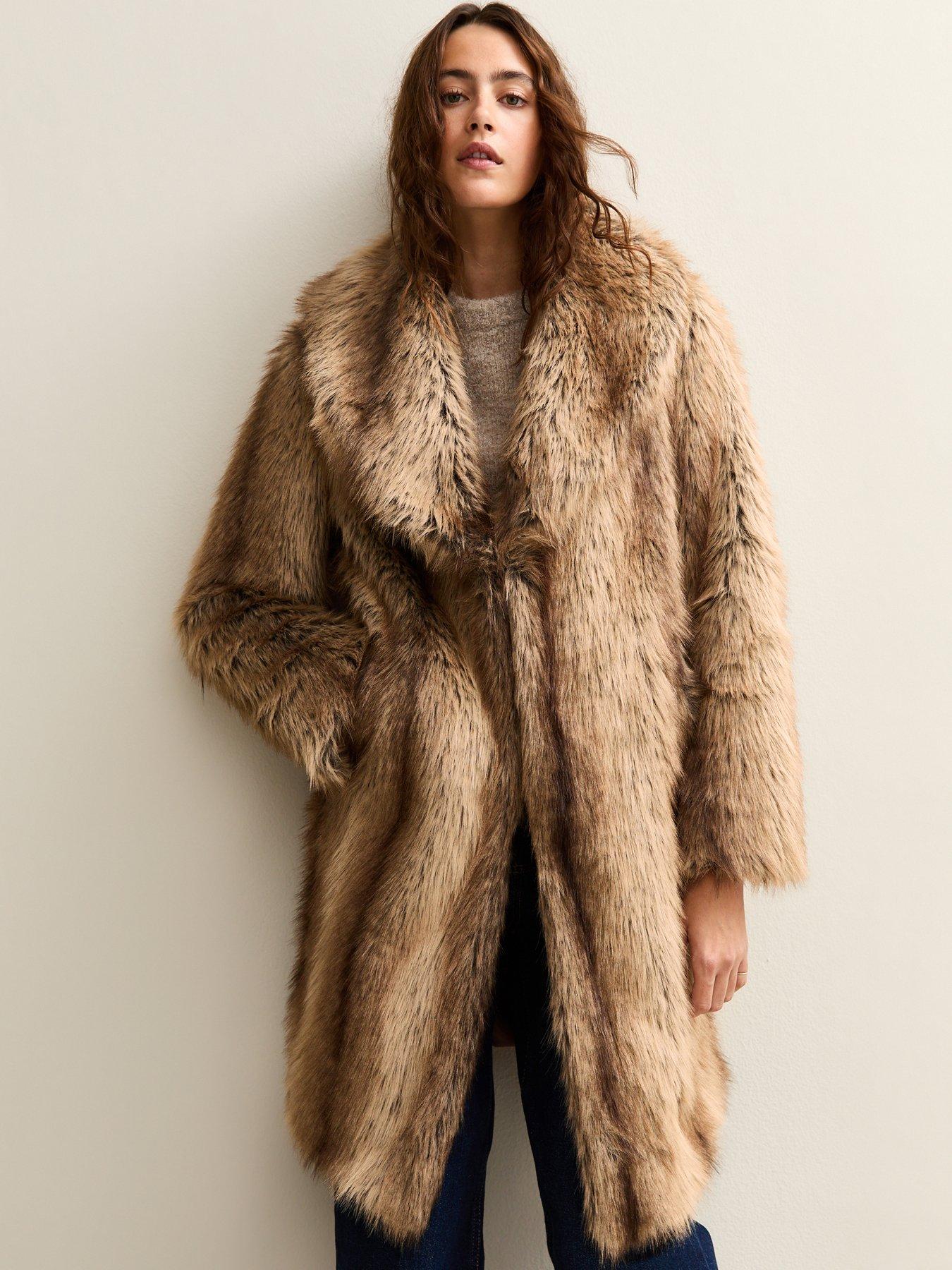 new-look-brown-faux-fur-shawl-collar-mid-coat