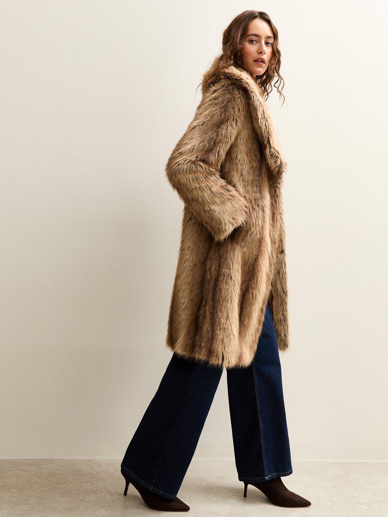 new-look-brown-faux-fur-shawl-collar-mid-coatoutfit