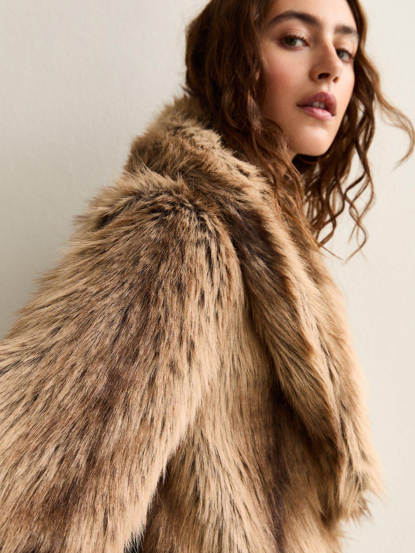 new-look-brown-faux-fur-shawl-collar-mid-coatdetail