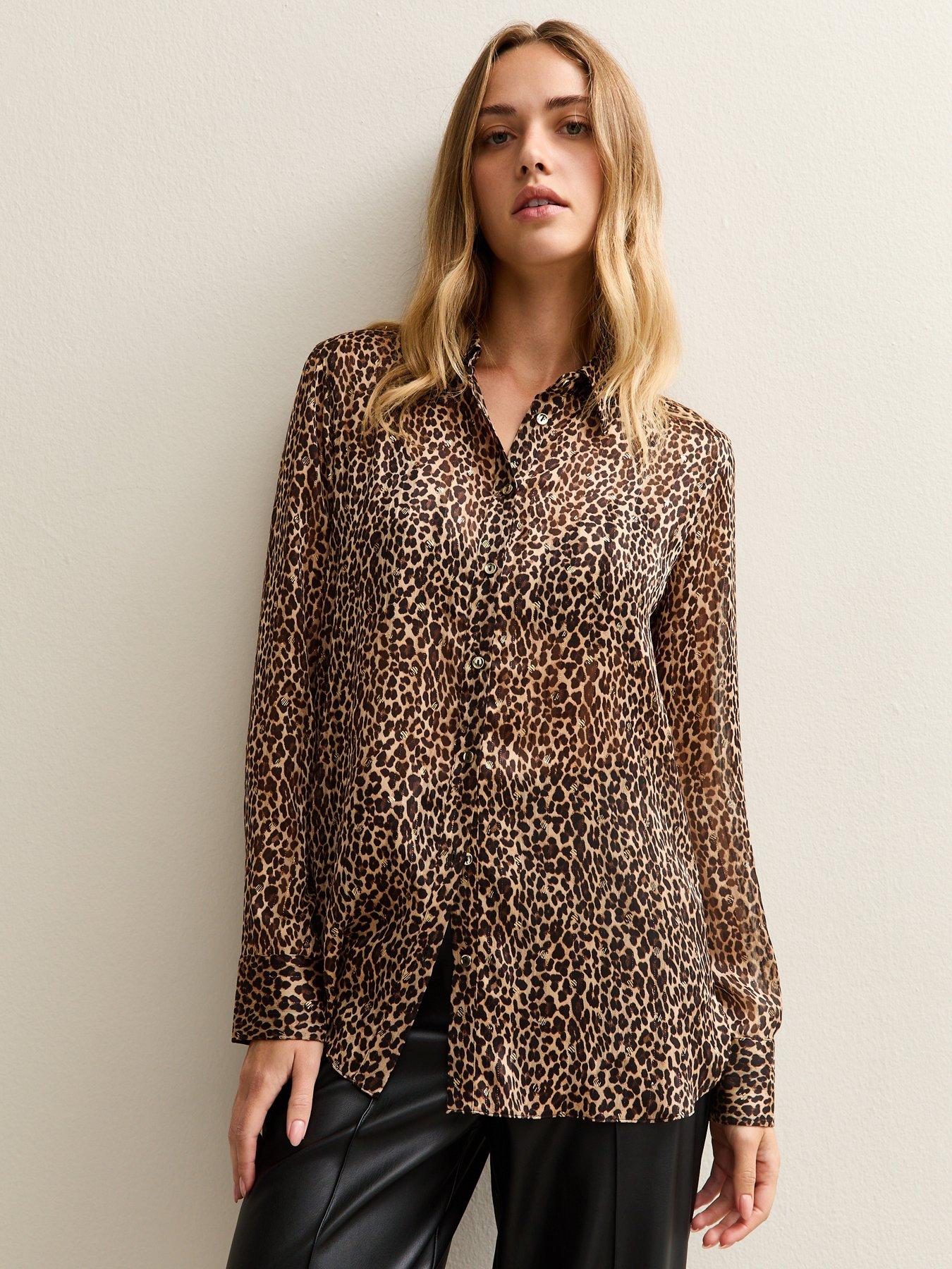 Image 1 of 6 of New Look Brown Animal Print Metallic Thread Shirt