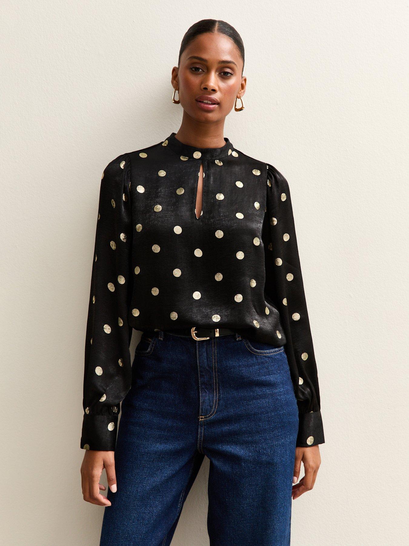 new-look-black-foiled-polka-dot-keyhole-neck-blousefront