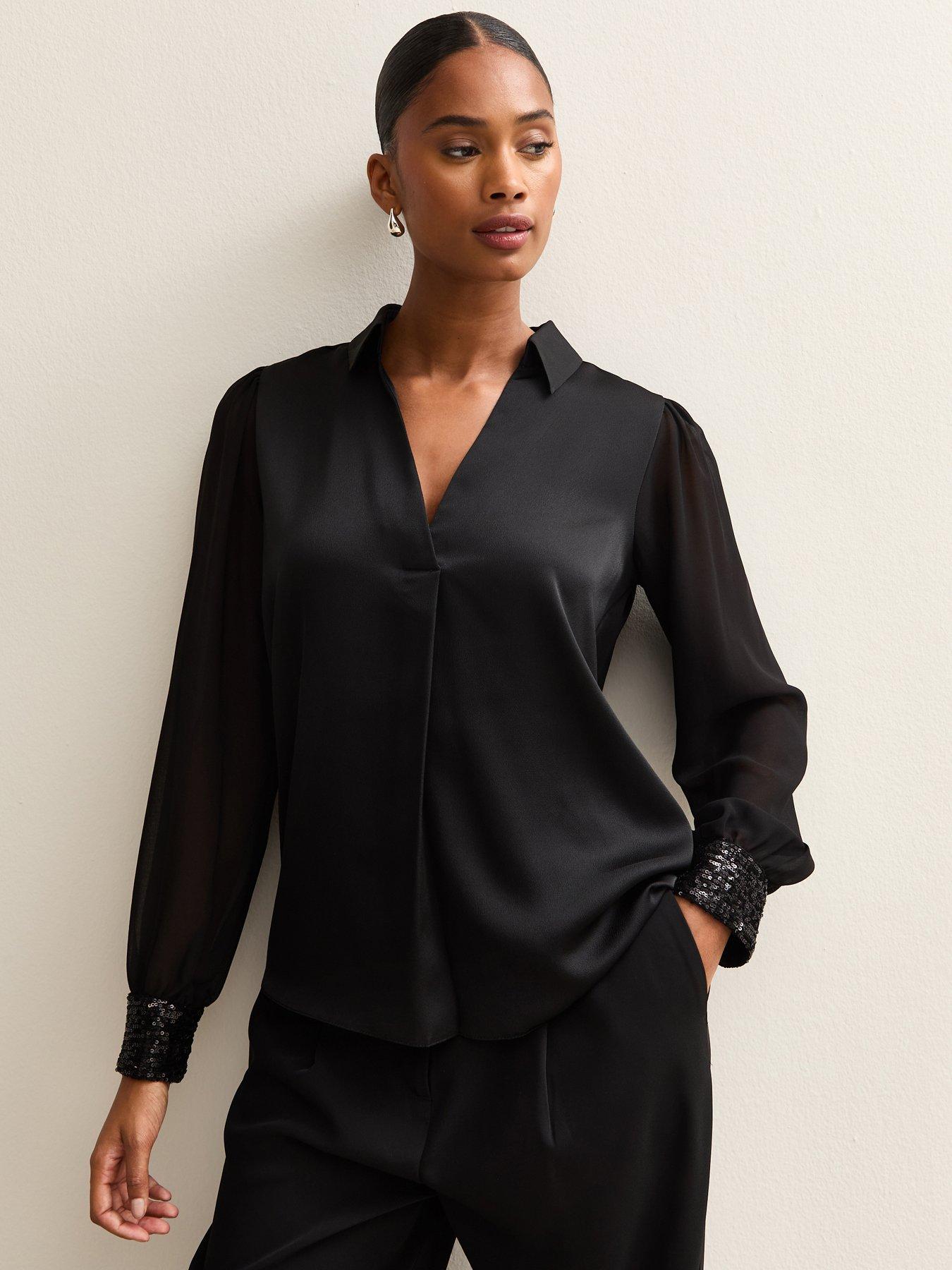 New Look Open Neck Sequin Long Sleeve Satin Shell - Black