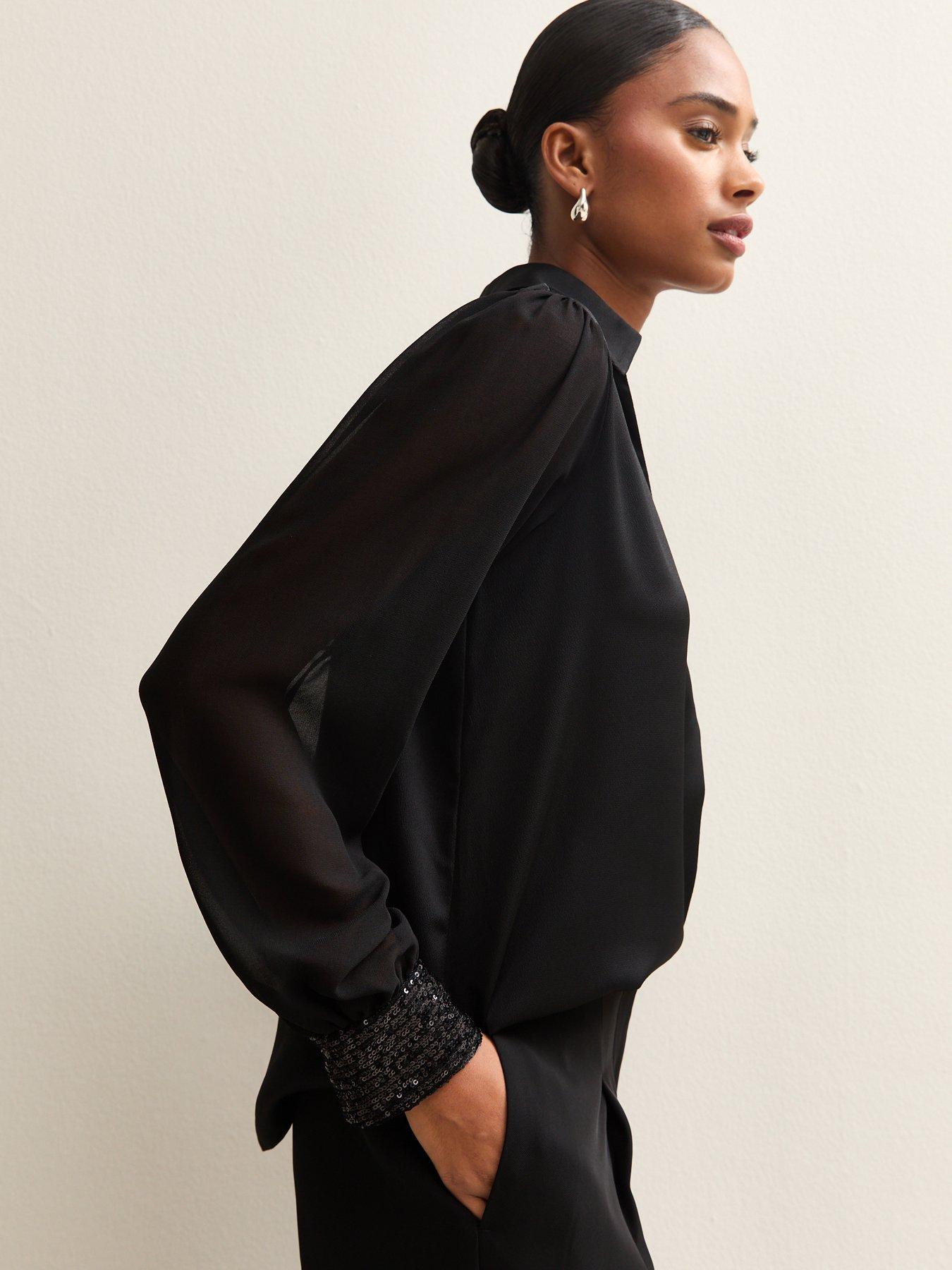 new-look-open-neck-sequin-long-sleeve-satin-shell-blackoutfit