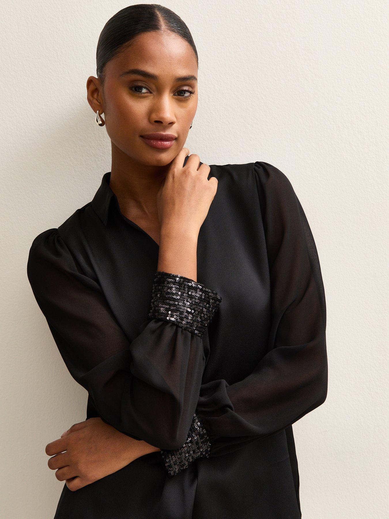 new-look-open-neck-sequin-long-sleeve-satin-shell-blackdetail