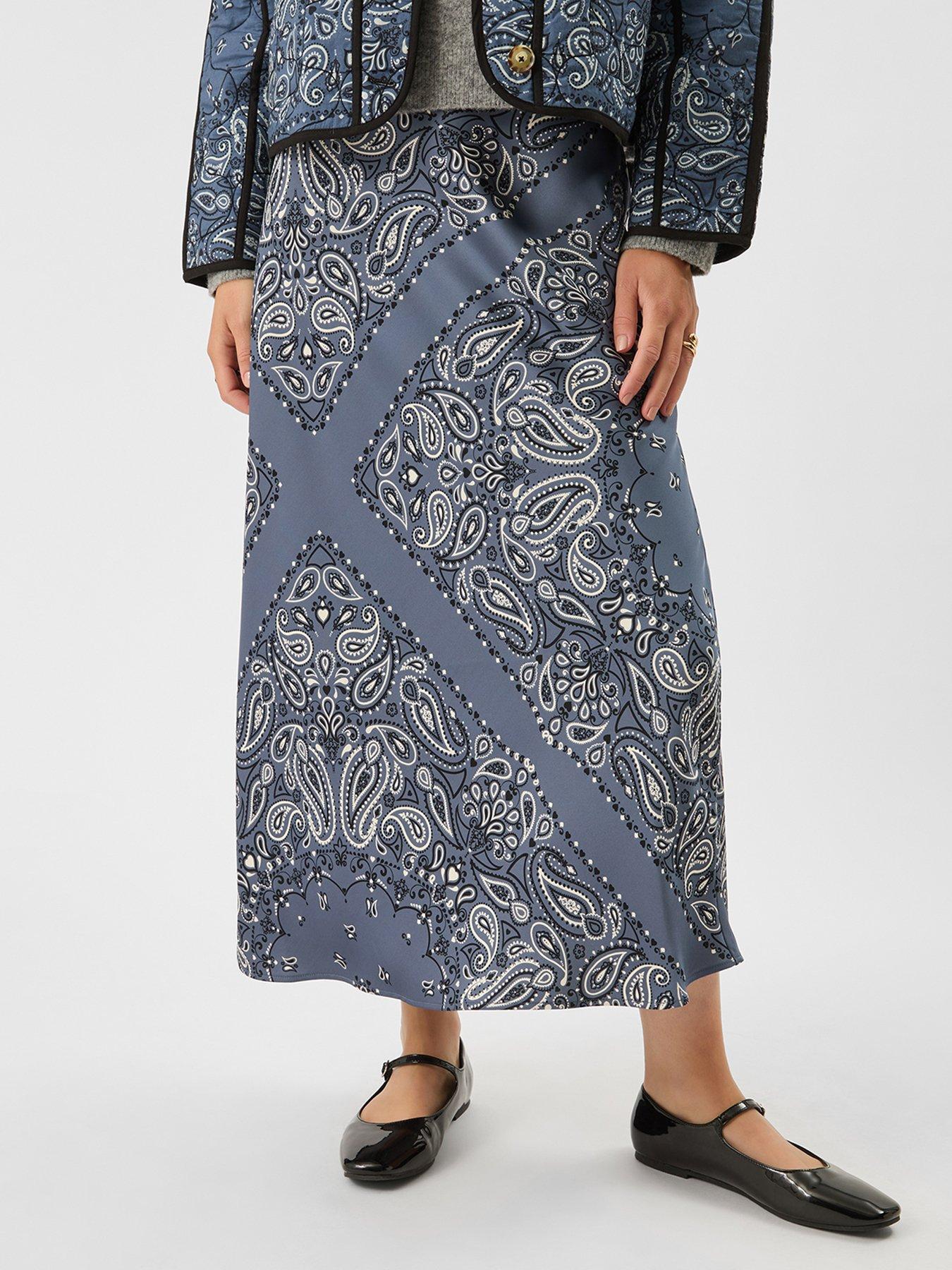 Accessorize Scarf Print Satin Skirt - Blue