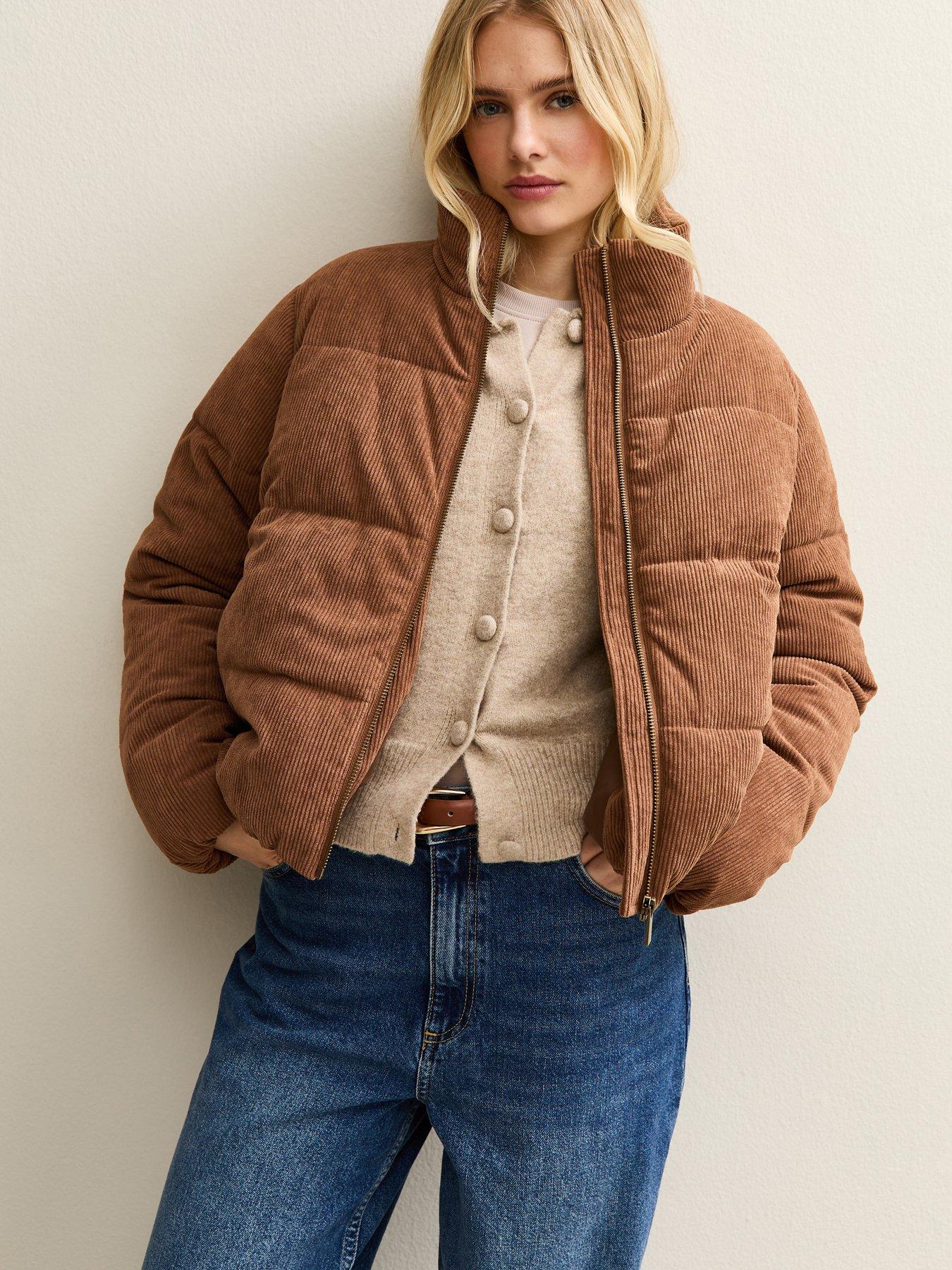 New Look Tan Corduroy Cropped Puffer Jacket