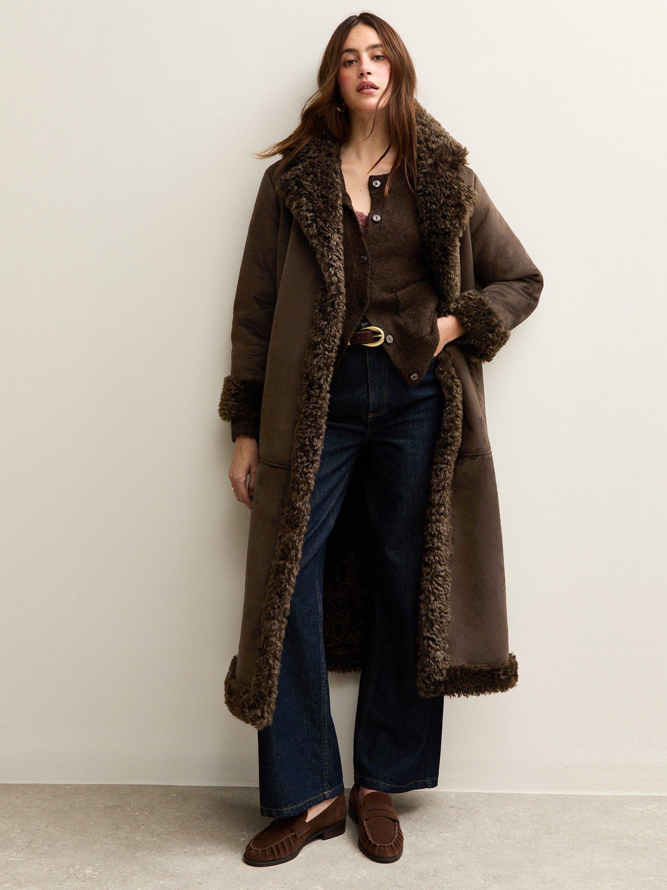 New Look Bonded Faux Fur Trimmed Faux Suede Coat - Brown