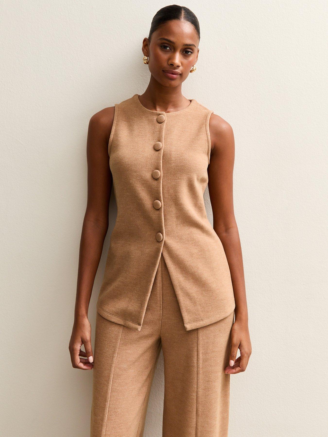 new-look-camel-soft-touch-compact-knit-split-front-waistcoat