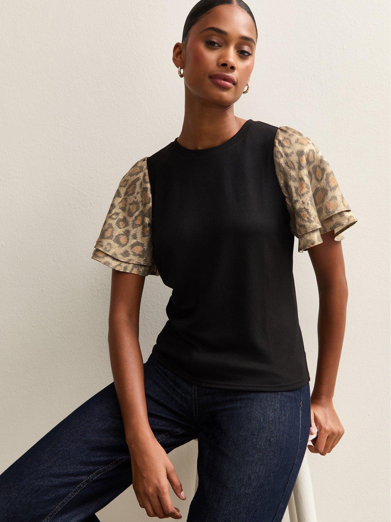 new-look-black-soft-touch-animal-print-foil-flutter-sleeve-top